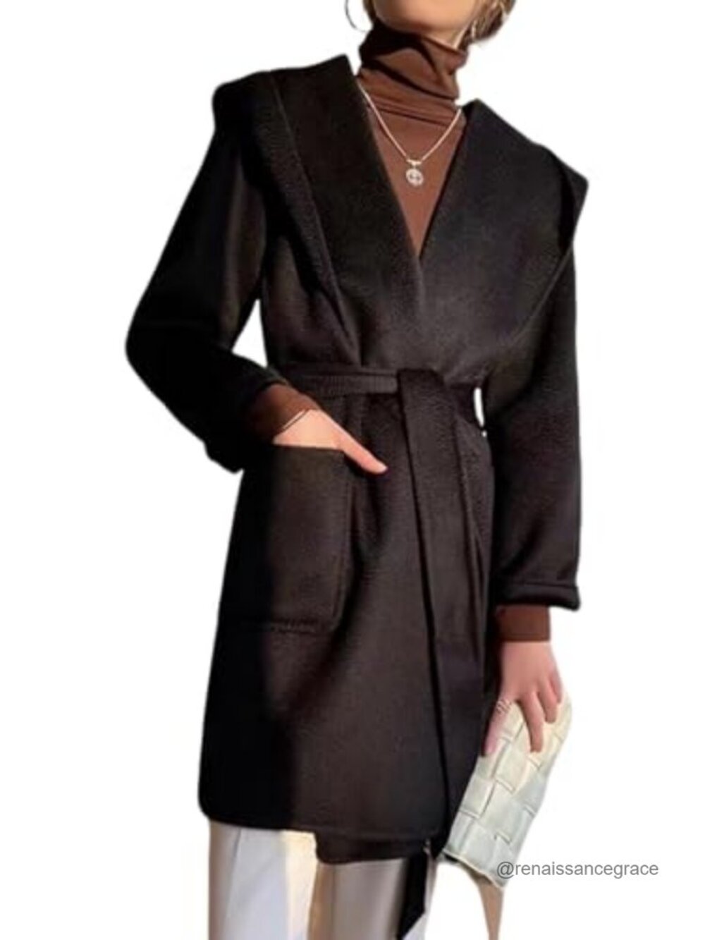 Wool Blend Belted Hooded Trench Coat Midi Slim Fit Winter Coat